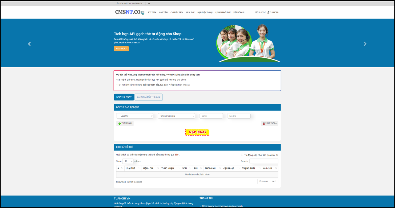 Code gạch thẻ CMSNT.CO nhiều tính năng, gạch nhiều thẻ 1 lúc, 3 cấp bậc thành viên, đại lý, vip