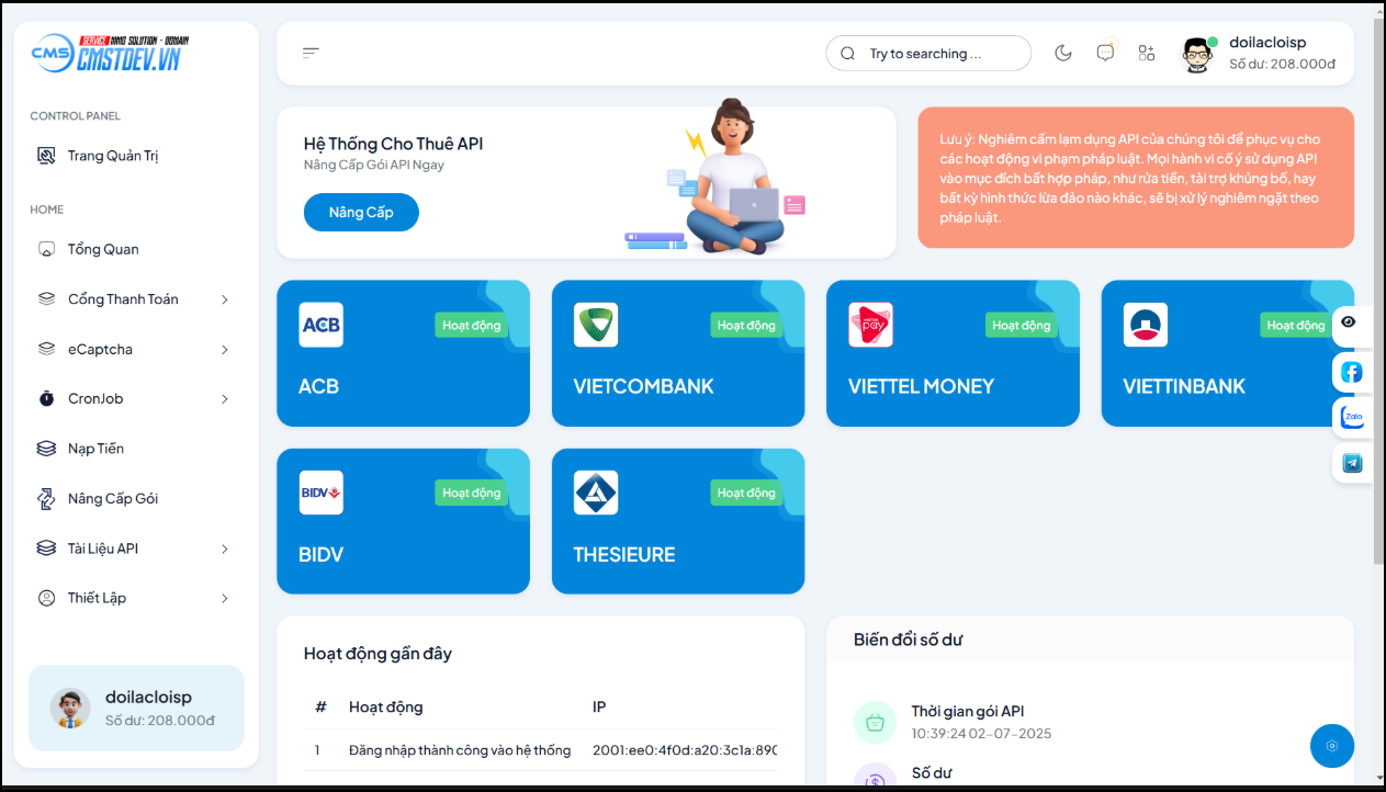 Code cho thuê api 6 cổng ( có giải captcha và cronjob )